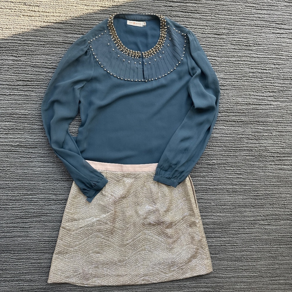 Tory Burch metallic skirt with chiffon embellished blouse